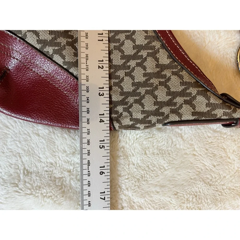 Y2K Red F Leather Trim Hobo Bag Brown Pattern Shoulder Purse Chunky silver ring